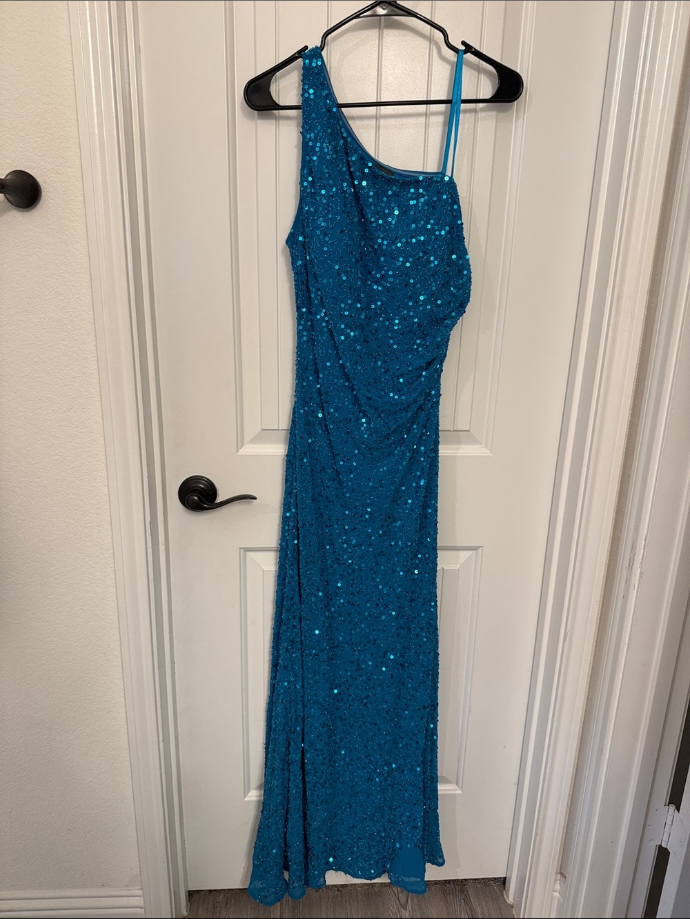 Adrianna Papell Teal Sequin One-Shoulder Gown